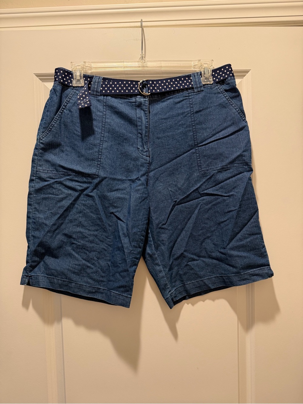 White Stag Navy Blue Denim-Look Bermuda Shorts with Polka Dot Belt